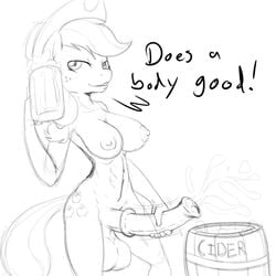 1futa 2016 animal_genitalia animal_penis anthro anthrofied applejack_(mlp) areola balls barrel breasts cider cowboy_hat cum cup cutie_mark dialogue dickgirl english_text equine equine_penis erection friendship_is_magic furry futanari hat horsecock intersex mammal my_little_pony nipples penis poprocks smooth_skin solo text