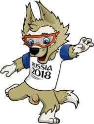 1boy anthro balls blue_eyes bottomless brown_fur canine casual clothed clothing edit eyewear flaccid fur goggles male male_only mammal mascot nude penis soccer solo sport strudae_(artist) wolf zabivaka