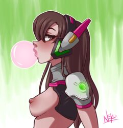 adapted_costume areolae artist_name breasts brown_eyes brown_hair bubble_blowing bubble_gum d.va female gradient_background headphones lips long_hair looking_at_viewer nipples oneeyedneko overwatch sideboob solo turtleneck