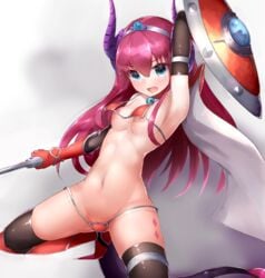 arm_up armor armpits bikini bikini_armor black_gloves black_legwear blue_eyes blush boruhis breasts cape cowboy_shot cute_fang dragon_tail elbow_gloves elizabeth_bathory_(fate) eyebrows eyebrows_visible_through_hair fate/extra fate/extra_ccc fate/grand_order fate_(series) female gloves grey_background groin hair_between_eyes horns long_hair looking_at_viewer navel nipples open_mouth pink_hair pointy_ears red_bikini red_gloves shield small_breasts solo stomach swimsuit tail thighhighs tiara underboob vambraces wardrobe_malfunction weapon