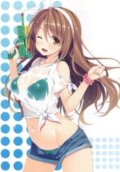 ;d blush bra breasts brown_eyes brown_hair cleavage clothed female hairband highres large_breasts long_hair looking_at_viewer navel open_shorts panties see-through shorts simple_background standing water_gun wet wet_shirt wink yuuki_hagure