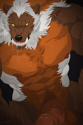 1boy abs anthro balls belly big_muscles big_penis black_background body_hair brown_fur brown_nose chest_hair clenched_teeth erection fangs front_view fur huge_cock huge_muscles humanoid_penis looking_at_viewer male male_only mammal muscular muscular_male mustelid nipples nude pecs penis pose pubes saliva simple_background solo standing teeth thick_penis tuft vein veiny_penis wfa white_fur wolverine yellow_eyes