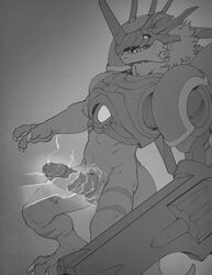 anthro balls cybernetics cyborg digimon disembodied_hand duo electricity erection forge_(artist) greyscale hi_res humanoid_penis machine male male_only monochrome nude open_mouth penis penis_grab pixelated retracted_foreskin rizegreymon scalie sharp_teeth solo_focus teeth uncut