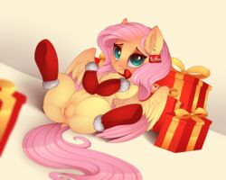 2016 anus blush christmas_present equine evehly feathered_wings feathers female feral fluttershy_(mlp) friendship_is_magic fur furry furry_only green_eyes hair hi_res mammal my_little_pony pegasus pink_hair pussy solo tail wings yellow_fur