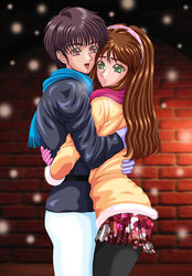 brick_wall brown_eyes brown_hair female gloves green_eyes hairband hugging male original pants pantyhose pixiv scarf silegy skirt smile straight sweater wall yoshizawa_yuuri