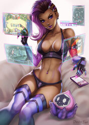 1girls 2016 blizzard_entertainment breasts dandon_fuga dark-skinned_female dark_skin elbow_gloves eyebrows eyelashes eyeshadow female female_only gloves hips human latina legs legwear lips lipstick long_hair looking_at_viewer makeup medium_breasts mole mole_under_eye navel_piercing nose overwatch panties purple_eyes purple_hair purple_lipstick purple_panties sitting solo sombra stomach tattoo thighhighs video_games