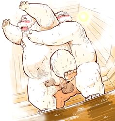 anal anal_sex anthro bear blush duo eyewear from_behind_position furry garousuki glasses indoors male mammal overweight penetration penis polar_bear sauna sex small_penis standing steam sweat traditional_media_(artwork) watercolor_(artwork) yaoi