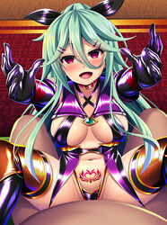 1boy alternate_eye_color blush breasts corruption covered_nipples cowgirl_position dark_persona elbow_gloves female g-string gloves hair_between_eyes hair_ornament kantai_collection large_breasts latex latex_gloves latex_legwear long_hair looking_at_viewer mirisha open_mouth pubic_tattoo red_eyes straddling straight sweatdrop tattoo thighhighs yamakaze_(kantai_collection)