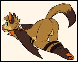 1boy 4_toes all_fours anthro anus backsack ball_gag balls bat blue_eyes bound brown_fur canine fox fur gag gagged grey_background hybrid looking_back male male_only mammal neck_tuft orange_fur pawpads simple_background solo sweat toes tuft wings yukiin