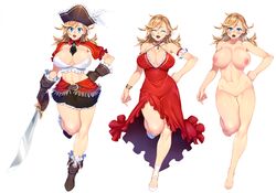 1girls belly belt blonde_hair blue_eyes blush breasts cleavage dress earrings hat jewelry large_breasts midriff miniskirt navel nipples nude pirate pirate_hat pirate_princess_malena pirate_queen_malena pleated_skirt pussy red_dress sela_god skirt smile solo sword vagina weapon