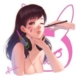 2016 breasts d.va dated female hand_on_chin lips looking_at_viewer makeup one_eye_closed overwatch pencil simple_background squidsmith_(artist) topless