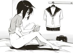 1girls bag bed blush bottomless breasts breath casual cellphone dosu gakuen_kino hanger kino kino_no_tabi masturbation monochrome nipples petite school_uniform shirt shirt_lift skinny skinny_female small_breasts solo sweat