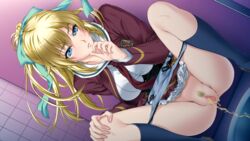 black_legwear blonde_hair blonde_pubic_hair blue_bow blue_eyes blue_panties bow breasts censored clothing female frilled_skirt frills game_cg hairbow hand_on_own_knee indoors jacket large_bow lidia_irving medium_breasts mosaic_censoring necktie oosaki_shin'ya panties panty_pull peeing pubic_hair pussy red_jacket red_necktie school_uniform shirt skirt socks solo squat_toilet squatting tile_floor tile_wall tiles toilet_use underwear urine white_shirt white_skirt wizard_links