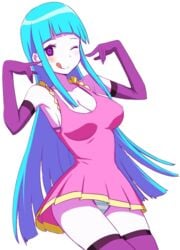 blink blue_hair dress elbow_gloves female long_hair looking_at_viewer me!me!me! meme_(me!me!me!) panties pink_dress purple_eyes simple_background smile solo striped striped_panties thighhighs tongue tongue_out transparent_background very_long_hair