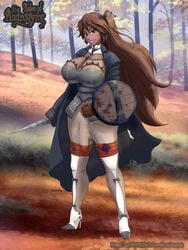 1futa balls blade breasts brigand_(tales_of_androgyny) brown_eyes brown_hair brown_skin bulge cameltail cleavage curvy dark-skinned_futanari dark_skin erection erection_under_clothes fingerless_gloves futa_only futanari gloves heels high_heel_boots high_heels huge_breasts intersex large_penis lips long_hair looking_at_viewer majalis penis penis_under_clothes red_eyes shield skin_tight smile solo tales_of_androgyny torn_clothes