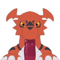 2016 ambiguous_gender animated balls digimon duo fellatio feral fin guilmon hi_res male male_only oral penis scalie sex simple_background tagme white_background xanthor yellow_eyes