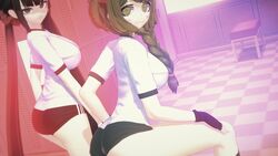 2girls 3d ass big_breasts breasts buruma clothing danganronpa danganronpa_ultra_despair_girls harukawa_maki hotel koikatsu older posing straight_hair towa_monaca