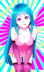 1girls abstract_background blue_hair breasts dress elbow_gloves female lio-sun long_hair looking_at_viewer me!me!me! meme_(me!me!me!) pink_dress purple_eyes smile tongue_out very_long_hair