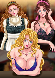 3girls apron blonde_hair blue_eyes breasts brown_eyes brown_hair cleavage dress earrings female_only hairband head_tilt lipstick nail_polish necklace off_shoulder original pixiv shirt silegy smile standing yellow_eyes yoshizawa_yuuri