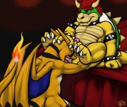 2boys anal anal_sex bara bowser charizard crossover koopa male male_only mario_(series) may825 multiple_boys muscular muscular_male nintendo nude pecs penetration penis pokemon pokemon_(species) reptile scalie sex sitting tongue yaoi