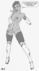 1futa areolae big_breasts breasts cum erection futa_only futanari intersex large_breasts looking_at_viewer monochrome nipples overwatch penis precum renezuo solo sombra speech_bubble text thighhighs