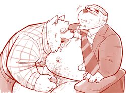 2014 anthro bear blush canine closed_eyes furry garousuki handjob hat kemono male mammal monochrome moob_suckle necktie overweight polar_bear saliva sepia sex simple_background sitting suit white_background wolf yaoi