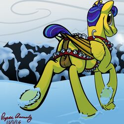 1boy anatomically_correct backsack balls blue_hair breath brown_eyes christmas equine fan_character feathers feral friendship_is_magic from_behind fur hair horse leather long_legs looking_at_viewer looking_back male male_only mammal my_little_pony outside pegasus pony purple_hair snow solo straps sunspot trotting wings winter yellow_fur yellow_skin