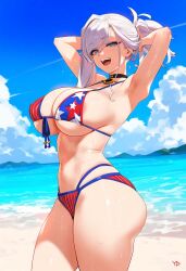 1girls ai_generated american_flag_bikini armpits beach big_ass big_breasts bikini blue_eyes fate/grand_order fate_(series) light-skinned_female miyamoto_musashi_(fate) miyamoto_musashi_(swimsuit_berserker) sweat tharkica