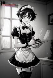 1boy 2d ai_generated black_eyes black_hair femboy flat_chest ilfb looking_at_viewer maid maid_headdress maid_uniform short_hair solo standing trap uncensored