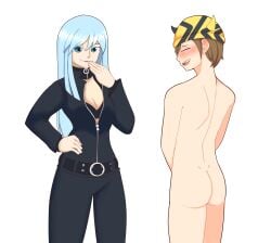 1boy 1girls ass ass_cheeks ass_exposed ass_focus atlus back_muscles back_view beanie behind behind_view blue_eyes blue_hair blush bodysuit booty breasts brown_hair butt_cheeks butt_crack butt_focus casual casual_exposure casual_nudity cfnm choker closed_eyes closed_mouth closed_smile clothed_female clothed_female_nude_male covering covering_crotch covering_privates demon demon_girl devil_summoner dimples dimples_of_venus embarrassed embarrassed_male embarrassed_nude_male enjoying enm female femdom from_behind from_behind_position from_front_position front_view fully_clothed hand_on_hip hand_on_mouth hand_over_crotch hand_over_mouth hat hat_only leather_clothing light-skinned_female light-skinned_male light_skin male male_ass male_focus megami_tensei nemissa_(megami_tensei) nude nude_male open_clothes open_jacket open_mouth orangemint_4444 pale-skinned_female pale-skinned_male pale_skin shy simple_background smirk smirking soul_hackers standing uc-four white_background yuichi_(megami_tensei)