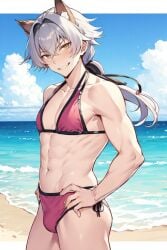 abs ai_generated beach bulge crossdressing kizaki_ren pink_bikini silver_hair the_idolm@ster trap yaoi