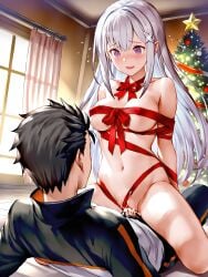 1boy 1boy1girl 1girls absurd_res ai_generated christmas cum cum_in_pussy cum_inside emilia_(re:zero) gift half_naked large_breasts medium_breasts ministro natsuki_subaru nipples on_top pussy raped re:zero_kara_hajimeru_isekai_seikatsu red_ribbon ribbon ribbon_bondage ribbons sex tree visible_nipples wrapped