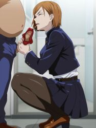 1boy 1girls brown_eyes brown_hair censored closed_eyes cum cum_on_face cumshot handjob jujutsu_kaisen kugisaki_nobara panties panties_on_penis penis sanmon school_uniform short_hair squatting thick_thighs