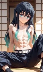 1boy abs ai_generated baggy_clothing bangs belt black_and_blue_hair blue_eyes bulge_through_clothing demon_slayer femboy femboy_only high_resolution kimetsu_no_yaiba long_hair_male looking_at_viewer loose_hair mostly_clothed muichiro_tokitou muscular_male no_penetration no_shirt pants_only partially_clothed pov_eye_contact sandals shirtless shirtless_male sitting_on_floor socks solo_focus solo_male spread_legs straight_hair sweetsavour teenager two_tone_hair young