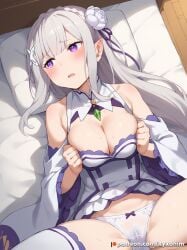 ai_generated bed breast_squeeze breasts cameltoe embarrassed emilia_(re:zero) female indoors legs_apart looking_away panties parted_lips purple_eyes sweat white_hair white_panties