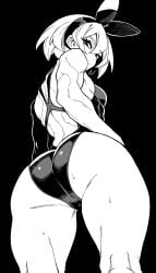 ass_focus bea_(pokemon) black_and_white dark_skin looking_back looking_down muscular_female pokemon pokemon_ss short_hair simple_background swimsuit tomboy websake white_hair