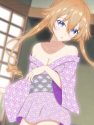 1girls 2d 2d_(artwork) breasts cleavage date_a_live female grey_eyes light-skinned_female long_hair looking_at_viewer medium_breasts orange_hair skinny solo solo_female thighs yamai_kaguya yukata