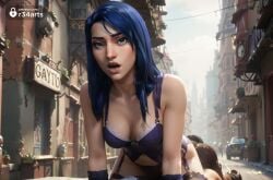 1girls ai_generated all_fours arcane arcane_caitlyn artist_name bag bare_shoulders blue_eyes blue_hair bra breasts building caitlyn_(league_of_legends) caitlyn_kiramman city cleavage collarbone day garter_straps hi_res league_of_legends lingerie lips long_hair looking_at_viewer medium_breasts netflix nose open_mouth outdoors panties r34arts realistic riot_games solo teeth thighhighs town underwear