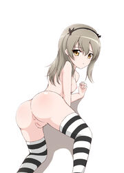 anus ass blush breasts clothing female girls_und_panzer grey_eyes izuna_masaru long_hair nipples pussy shimada_arisu small_breasts striped striped_legwear thighhighs uncensored white_hair