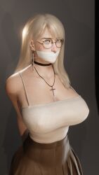 1girls 3d 3d_(artwork) arms_behind_back arms_tied_behind_back black_choker blender blender_eevee blonde_hair blue_eyes bondage bound choker cross_earrings cross_necklace gag gagged glasses grace_(osimai) huge_breasts lip_piercing looking_at_viewer microfoam_tape nose_piercing nose_ring original_character osimai pleated_skirt skirt tank_top tape_gag