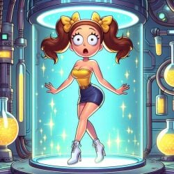 ai_generated boots high_heel_boots high_heels laboratory miniskirt morticia_smith morty_smith mtf_transformation rick_and_morty rule_63 surprised tubetop twintails white_boots