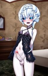 ai_generated babydoll blue_eyes covered_nipples dark_sclera dickgirl erection fate/grand_order fate_(series) futa_only futanari genderswap_(ftm) hand_behind_back makayai shemale small_breasts smile van_gogh_(fate) white_body white_hair