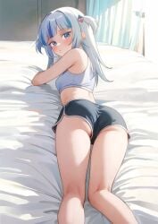 1girls ass ass_focus bare_legs bare_shoulders bare_thighs bed bedroom blue_eyes blush breasts female from_behind fully_clothed gawr_gura hololive legs looking_at_viewer looking_back lying on_bed petite shark shark_girl shorts small_breasts solo tank_top thighs white_hair