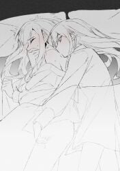 2girls baiyubyy bang_dream! bang_dream!_it's_mygo!!!!! blush chinese_commentary closed_eyes commentary_request covering_another's_mouth fingering greyscale highres kissing kissing_neck long_hair long_sleeves lying monochrome multiple_girls off_shoulder on_bed on_side pillow reach-around shirt sweat togawa_sakiko under_covers vaginal_penetration wakaba_mutsumi yuri