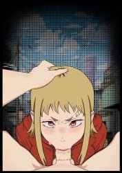 1boy 1girls angry angry_expression angry_face blowjob blowjob_pov chainsaw_man denji_(chainsaw_man) fellatio female grab_hair grabbing_hair grabbing_head hand_on_head lipstick lipstick_mark lipstick_on_penis male oral oral_sex pov pov_blowjob red_clothing red_eyes saliva saliva_on_penis sawatari_akane sucking sucking_penis yellow_hair zelionart