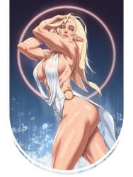 arii_(r62) ass blonde_hair cleavage dress muscular muscular_female original ponytail r62 sideboob white_dress