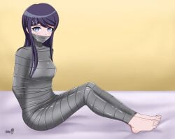 1girls barefoot blue_eyes blue_hair bound captured captured_heroine danganronpa danganronpa:_trigger_happy_havoc duct_tape feet female_focus female_only immobilization large_filesize maizono_sayaka mummification on_bed shadow-xcp submissive submissive_female tape tape_bondage wrapped