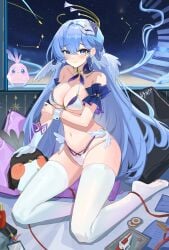 absurdres artist_name bare_shoulders blue_eyes blue_hair bra breasts female gloves halo head_wings highres honkai:_star_rail honkai_(series) indoors large_breasts long_hair looking_at_viewer mask mask_on_head navel no_shoes npp_(artist) origami_bird_(honkai:_star_rail) panties robin_(honkai:_star_rail) single_glove smile soles stomach thighhighs thighs toes underwear white_bra white_gloves white_panties white_thighhighs wings wrist_cuffs