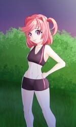 1girls bike_shorts doki_doki_literature_club female female_only female_solo moritaris natsuki_(doki_doki_literature_club) pink_hair shorts solo solo_female solo_only sports_bra sportswear