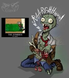 anatomically_correct_genitalia artstyle_imitation balls_on_floor browncoat_zombie_(pvz) clothes_on digital_drawing_(artwork) digital_media_(artwork) glasses grotesque_genitals logo meme_reference pvz risobase risobase_did_this shirt solo_male tagme tie zombie